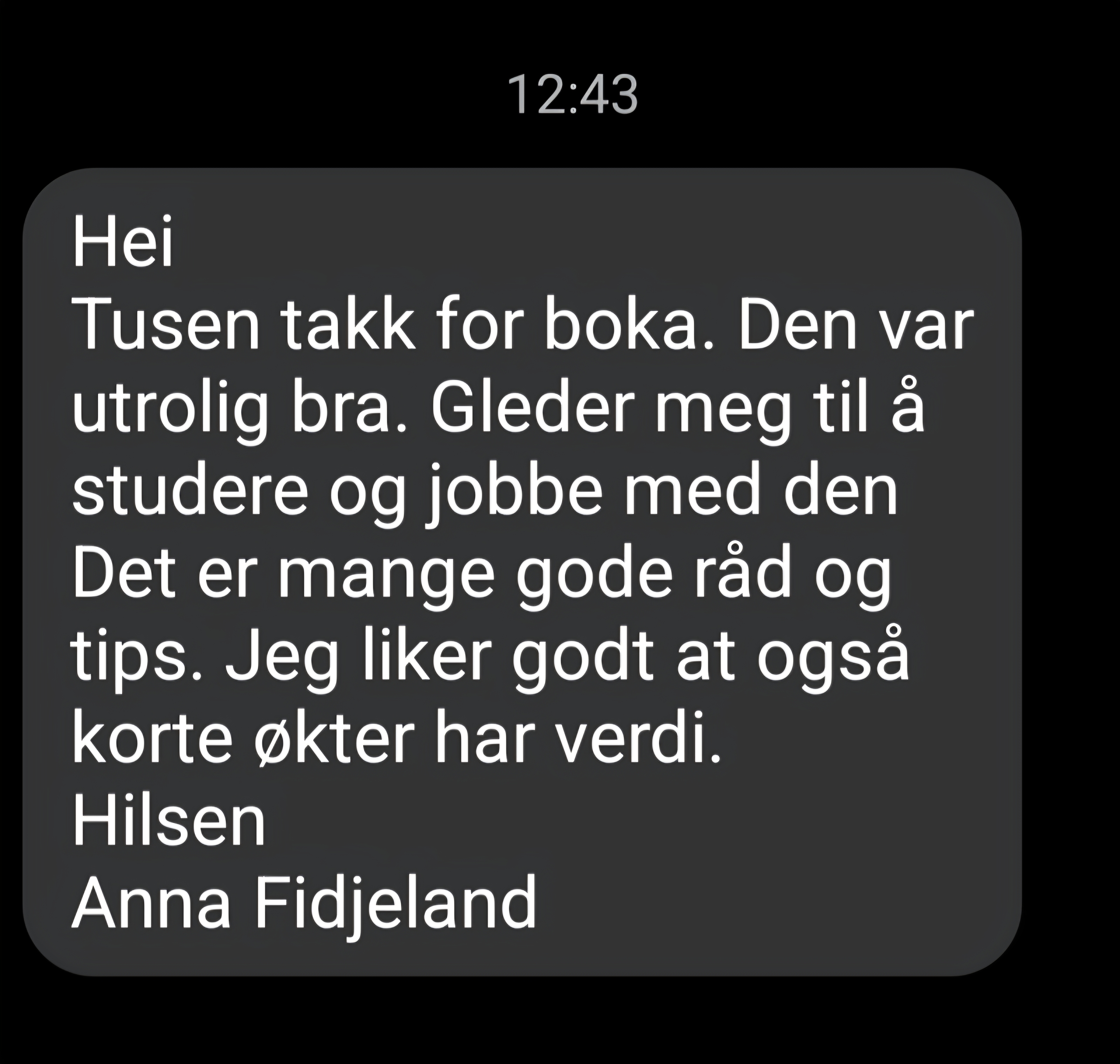 Skjermbilde av takkemelding fra leser på Messenger